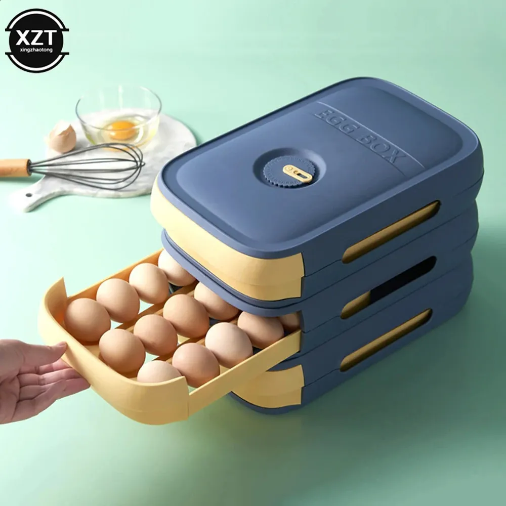 積み重ね可能な卵ホルダー収納ボックス引き出し自動ローリング冷蔵庫卵主催者スペースセーバーコンテナキッチン240223