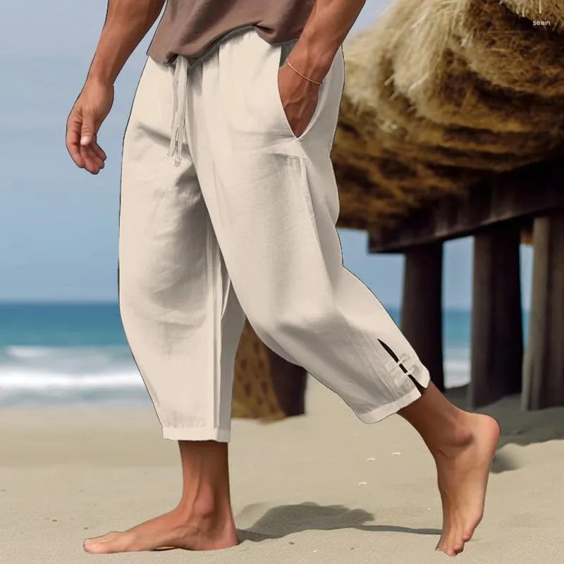 Men's Pants Oldyanup Men Linen Beach Solid Color Ankle-Length Forked Trousers 2024 Summer Fashion Casual Holiday Pantalones Streetwear