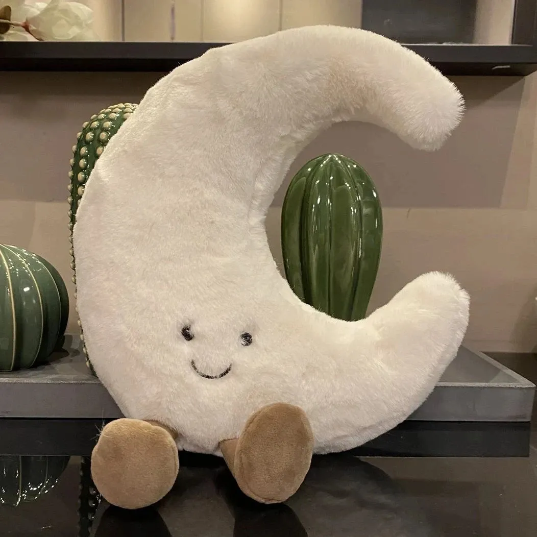 Adorable Smile Face White Moon Yellow Sun Plushie Stuffed Cute Cartoon Weather Plush Toy for Kid Bedroom Decor Sofa Throw Pillow 240118