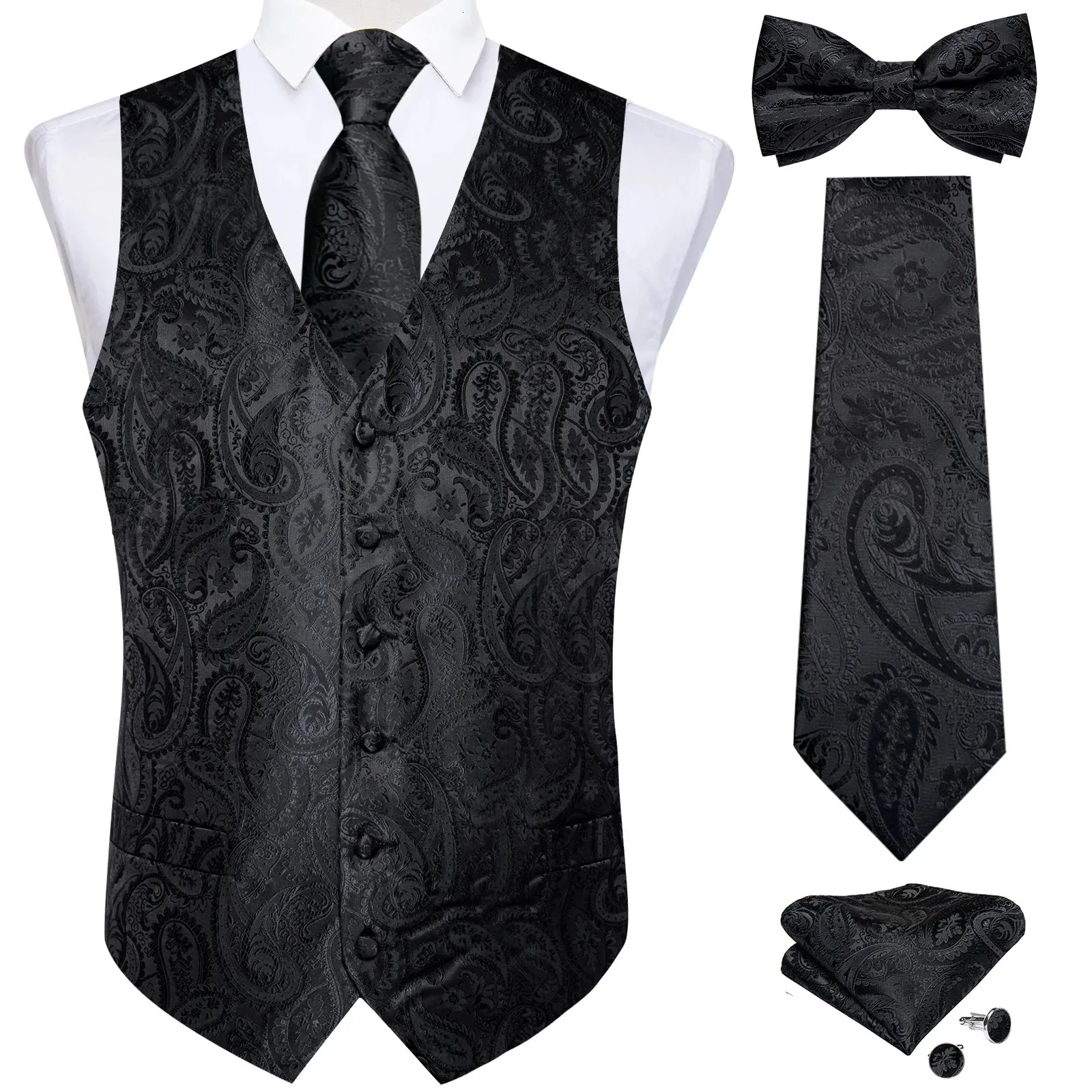 Herren Schwarze Paisley-Weste, Krawatte, Fliege, Einstecktuch, Manschettenknöpfe, Kleid-Set, klassisch, 5-teilig, Business-Weste für Herren 240125