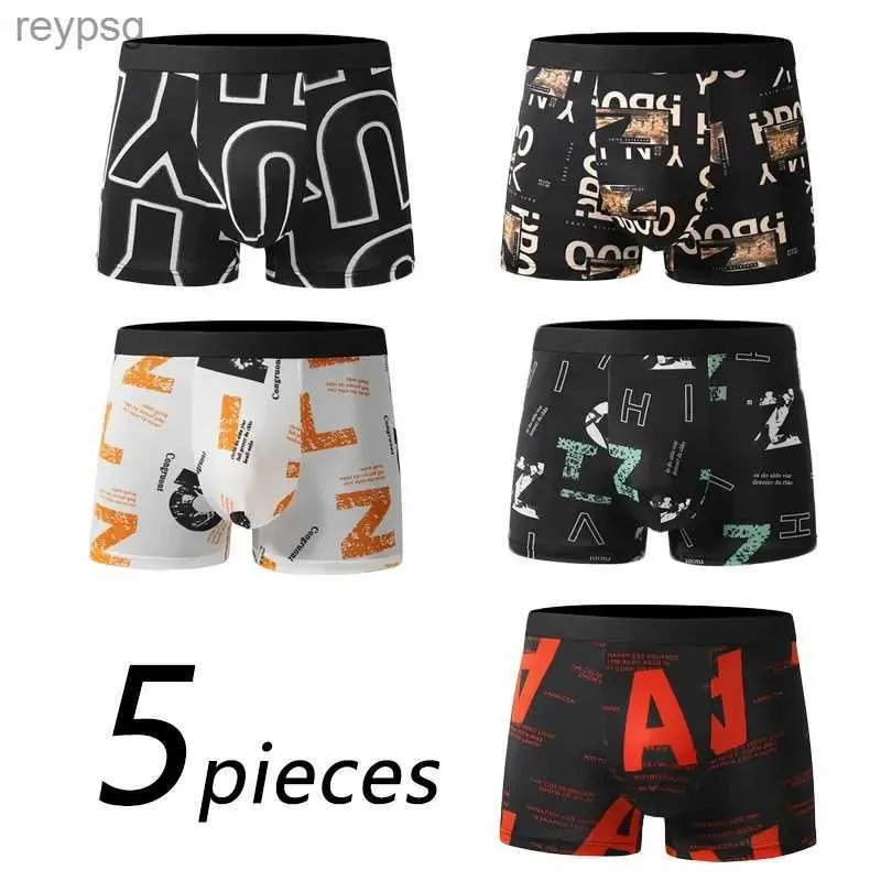 Underbyxor 5 stycken män boxare shorts underkläder 2xl 3xl 4xl 4 färger blandar slumpmässig tryckning fitness mjuk mode sport avslappnad yq240214