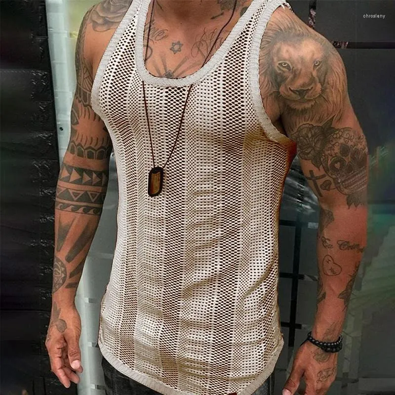 Canotte da uomo Estate Uomo Fitness Sport Solido Sexy Hollow See Through Camicie in maglia da uomo Vintage Senza maniche Canotta traspirante