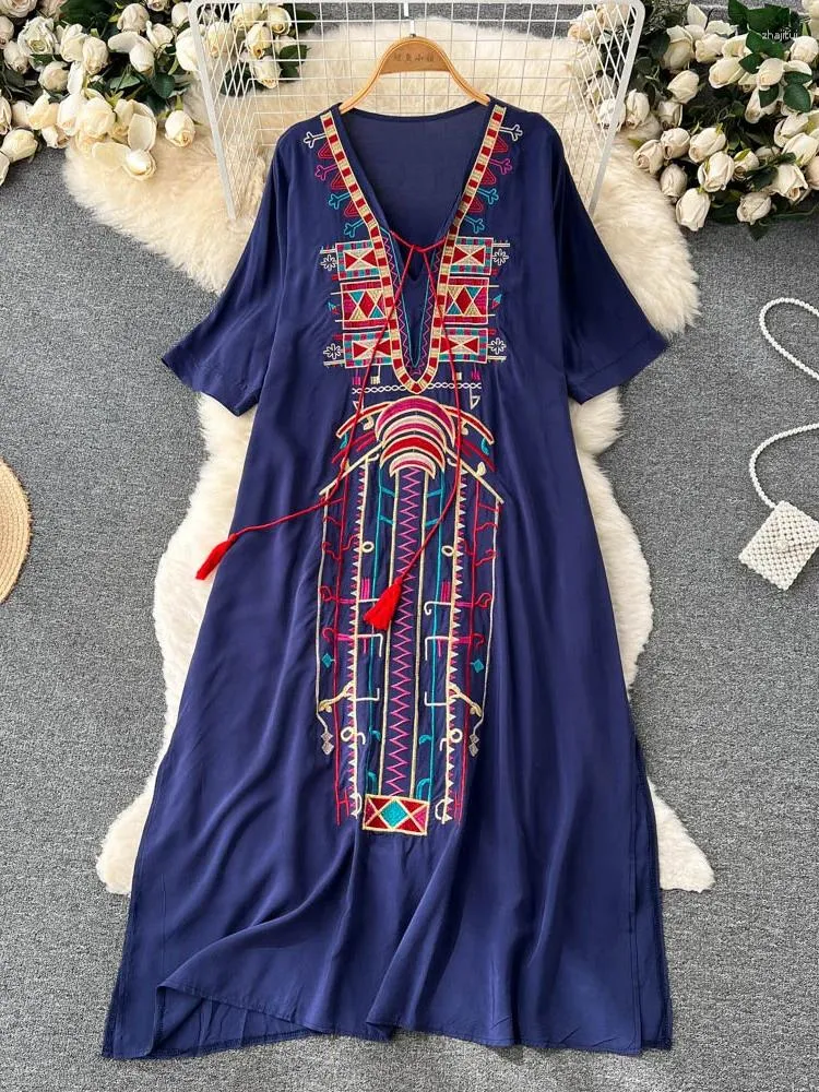 Vestidos de festa verão estilo étnico nicho design bordado vestido com decote em v francês chique bonito solto de manga curta vestidos longos mulheres d1496