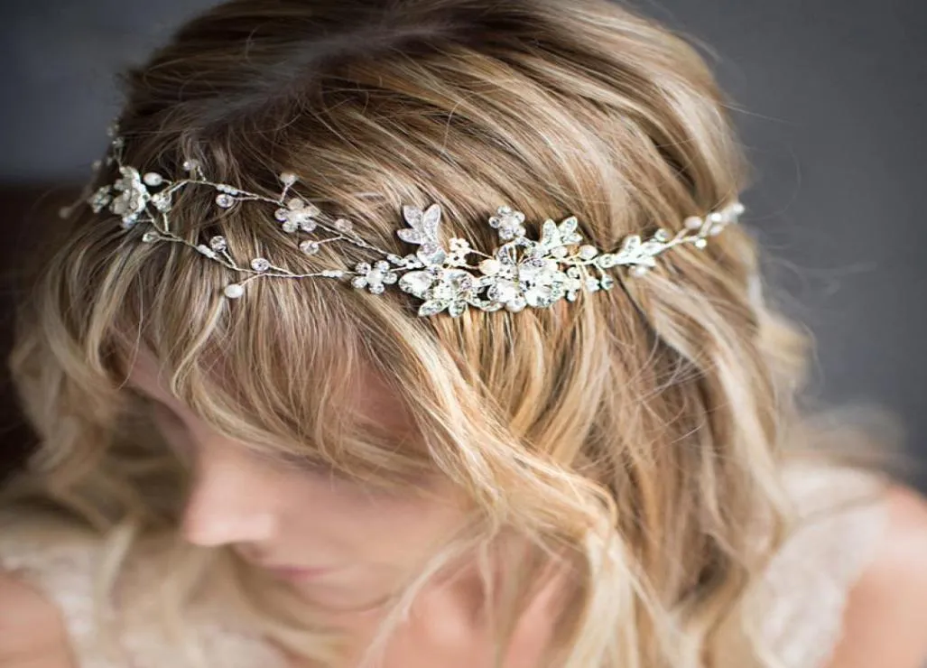 Silver Rose Gold Flexibel pannband med hög kvalitet Silver Crystal Rhinestone Floral Hairband Handpärlat Bröllop Bridal Hair Accessory 9501372