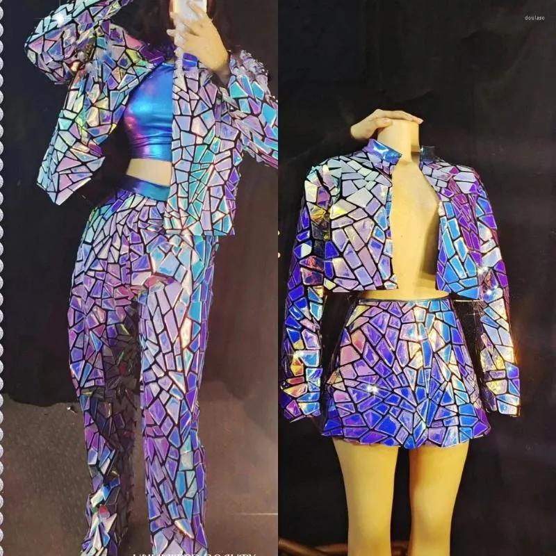 Stage Wear Purple Blue Laser Dress Specchio paillettestri di paillettestri per pantaloni set di nightclub Jazz Dance COSTUME SPEGE SHOW