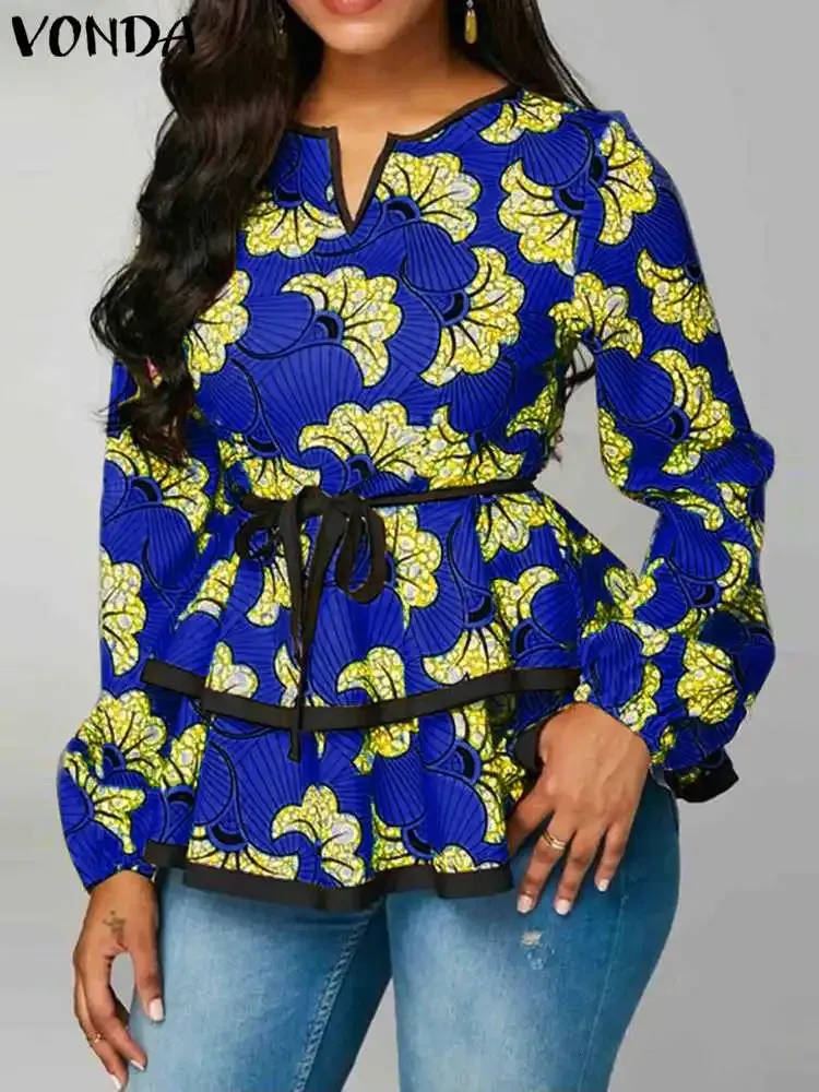 Plus size 5xl vonda boêmio blusa feminina moda manga longa babados camisas outono retro floral impresso topos casuais blusas 240126
