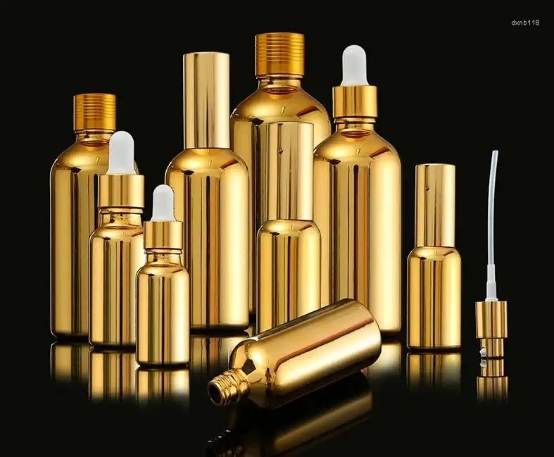 Bottiglie 2 pezzi 10-100 ml Galvanica di alta qualità Oro Cosmetici Sub-bottiglia Bottiglia di olio essenziale di vetro Lozione Pressa Spray
