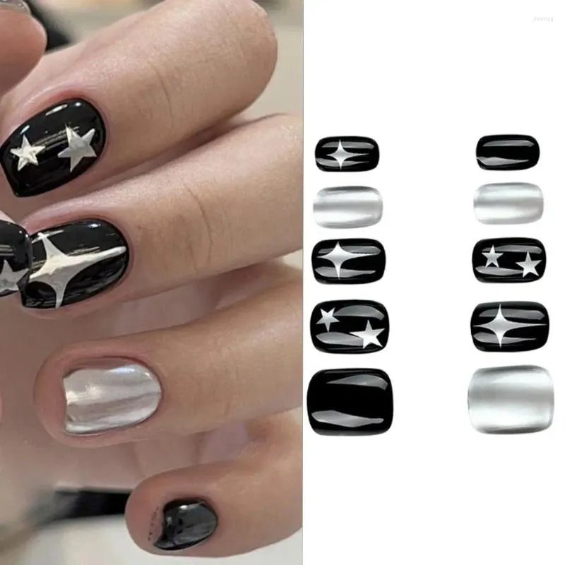 False Nails Short Round Fashion Silver Star French Fake Y2K Full Cover Nail Tips For Salon