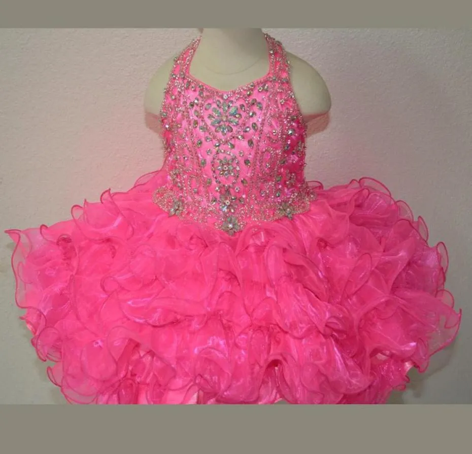 New Fuchsia Rosie Girls Kids Pageant Dresses Formal Occasion Tiers Beaded Organza Halter Mini Prom Party Baby Little Girl Gowns 202046752