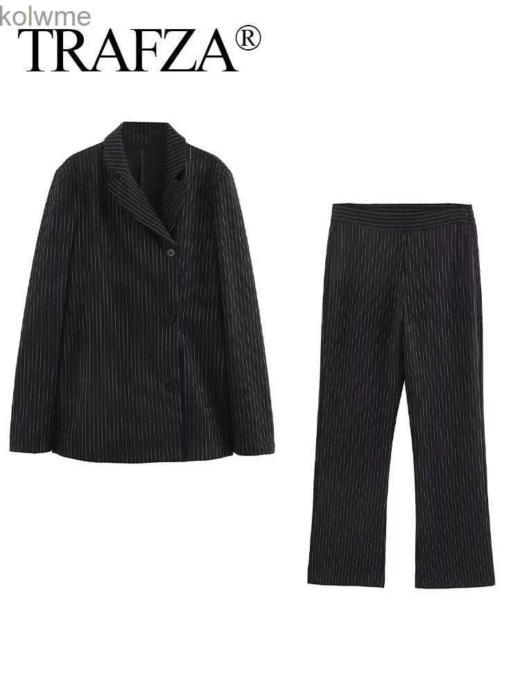 Dwuczęściowe spodnie kobiet Trafza Kobieta czarna klapa w paski pojedyncza piersi blezer+kobiety moda wiosna vintage luźne spodnie z suwakiem 2 sztuki mejr yq240214