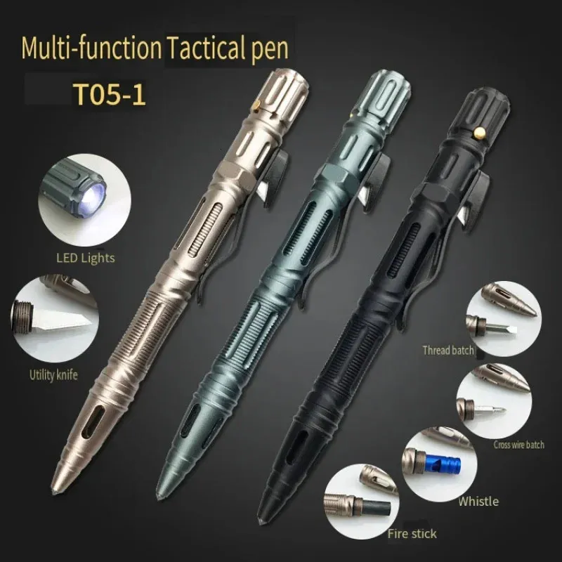 Aluminium stopowy długopis wielofunkcyjny rozerwany okno Ołówek Ołówek LED LED LED Outdoor Survival Defense Ballpoint 240119