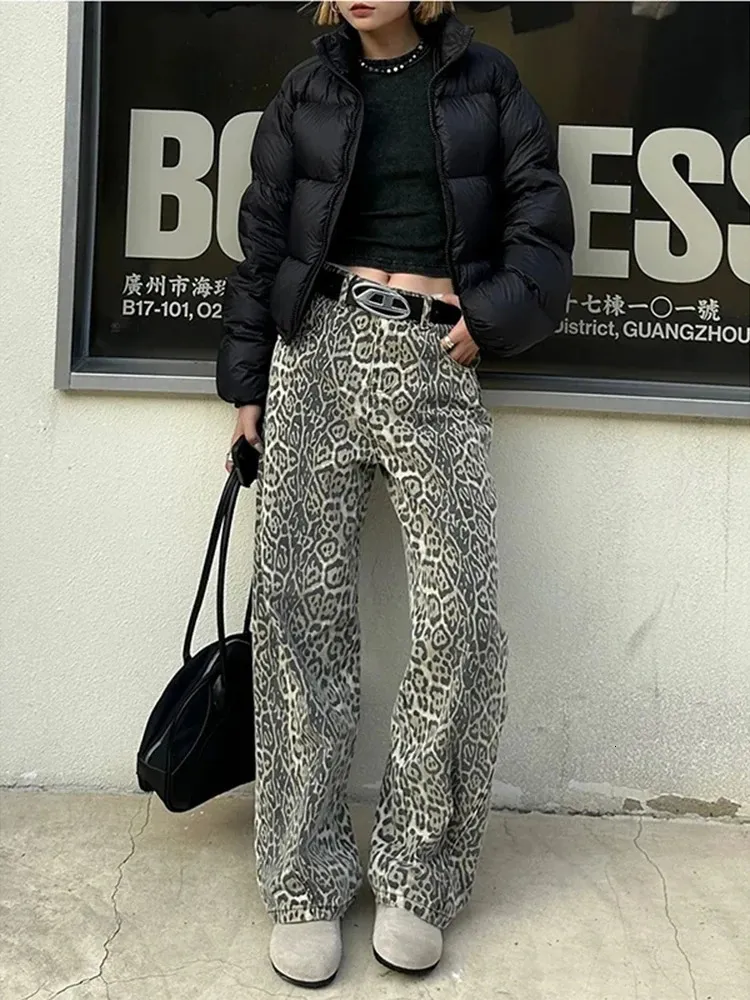 Frau Vintage Leopard Jeans 2024 Y2k Frühling Herbst Einfache Casual Oversize Breite Bein Hosen Street Hip Hop Weibliche Lose Hose 240202