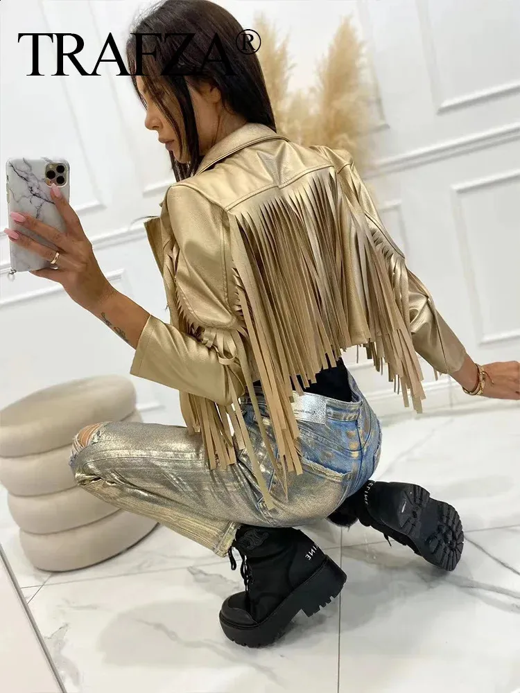 TRAFZA Womens Fashion Streetwear Jacket Casual Cropped Gold Faux Leather Coat Long Sleeve With Tassel Female Outerwear Chic Top 240122