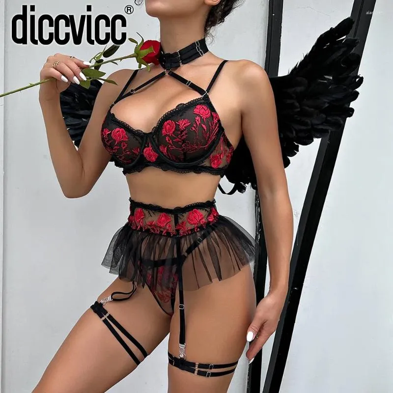 Sutiãs conjuntos diccvicc luxo bordado lingerie transparente floral renda sutiã plissado liga conjunto mulheres sexy roupa interior exótica roupas íntimas