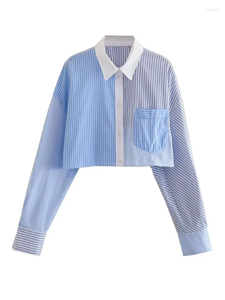 Blusas de mujer YENKYE 2024, camisa corta de almazuela de rayas para mujer, blusa holgada Vintage de manga larga con bolsillo para mujer, Top informal de verano