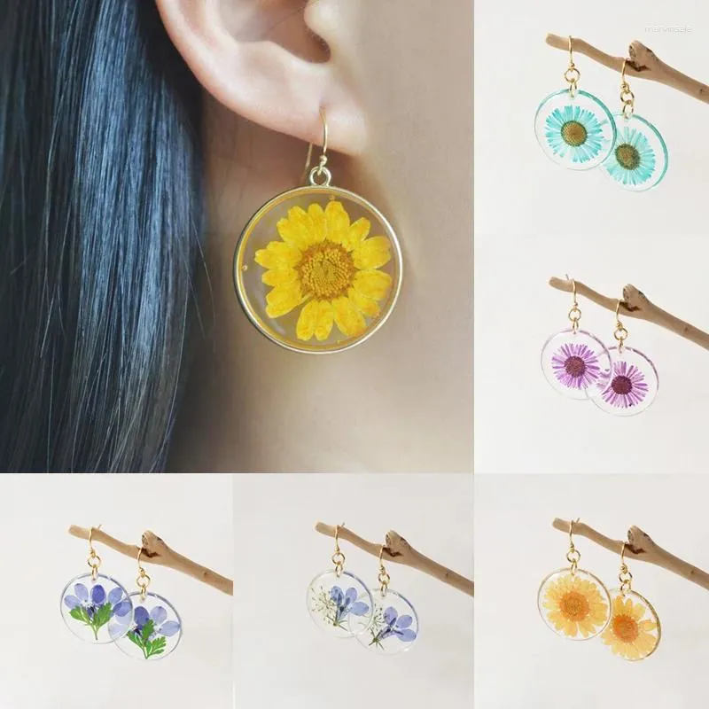 Dangle Earrings Round Dry Flower Creative Unique Pressed Natural Eternal Epoxy Dried Resin Earring Jewelry Gift