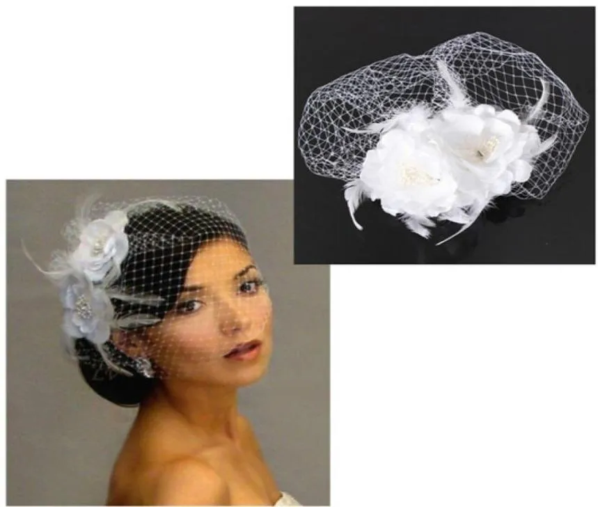 2015 Bird Cage Net Women Wedding Bridal Fascinator Face Veil Feather White Flower With Comb Dress Fashion Accessories3971087