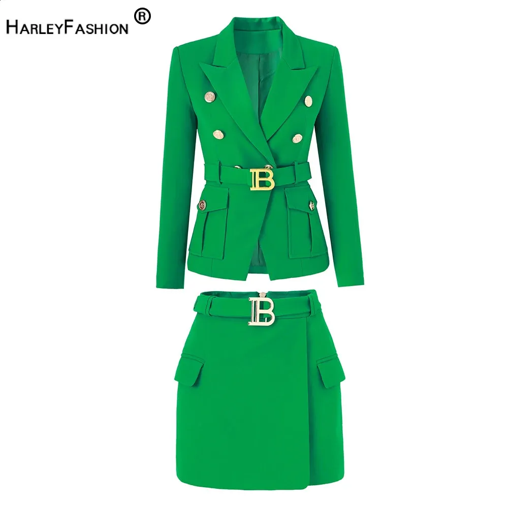 Summer High Street European Style Fresh Green Blazer Skirt Sets Pocket Notached Slim 2PCS Women Quality Suits 240202