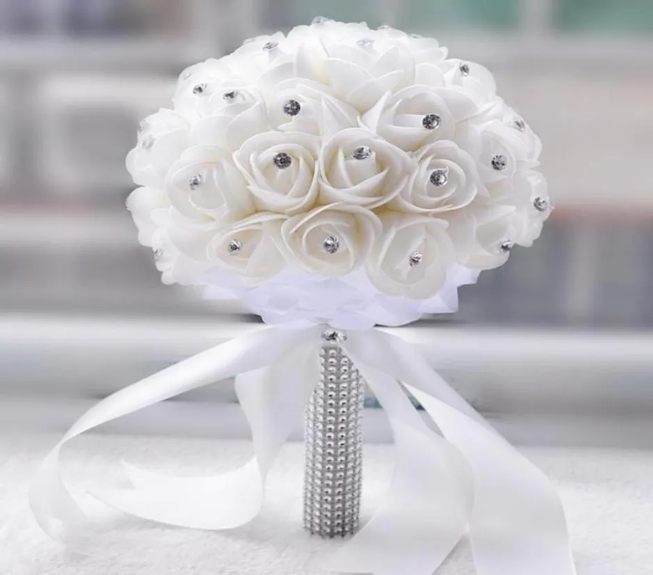 Jane Vini Cheap White Bridal Bouquet PU Roses Crystal Beaded Wedding Flower Bouquet Beige Artificial Brooch Bouquet Bride Ramo De 1156018