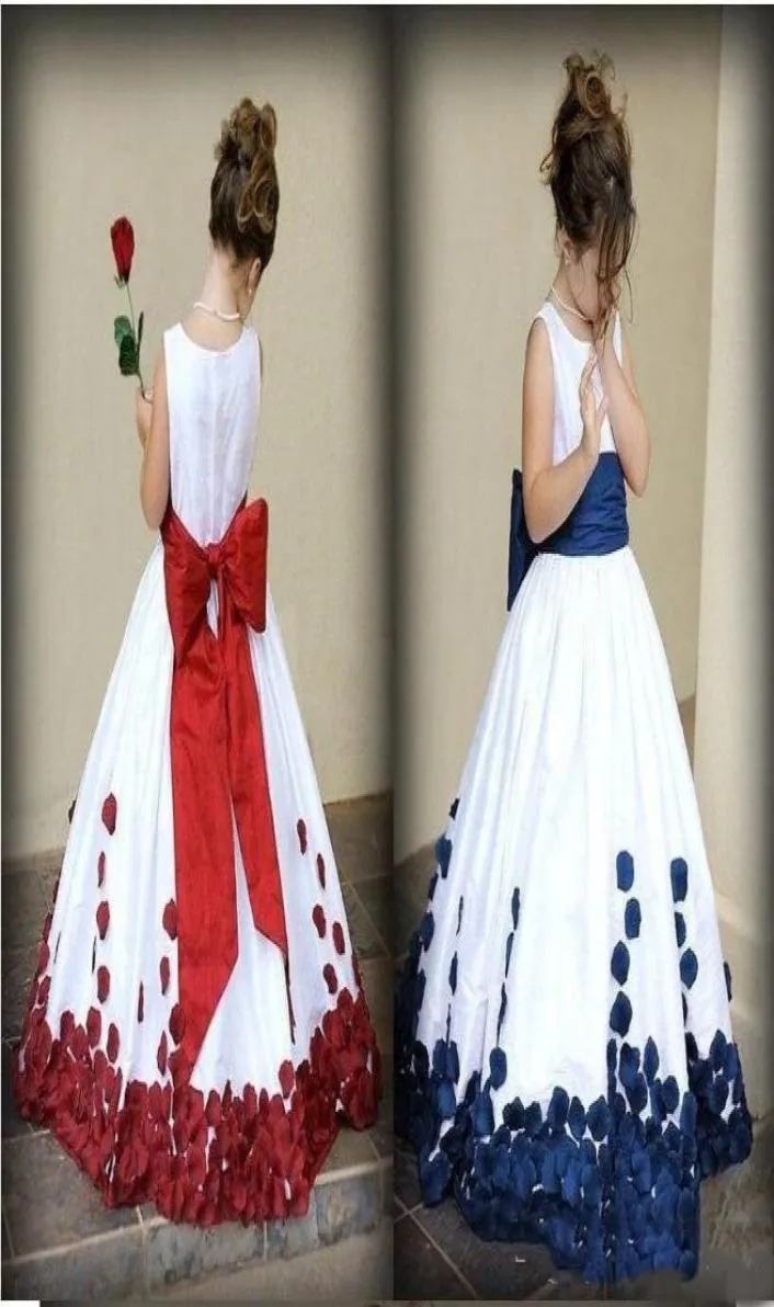 2020 Lovely Flower Girl Dresses With Red And White Bow Knot Rose Taffeta Ball Gown JewelNeckline Little Girl Party Pageant Gowns 3723617