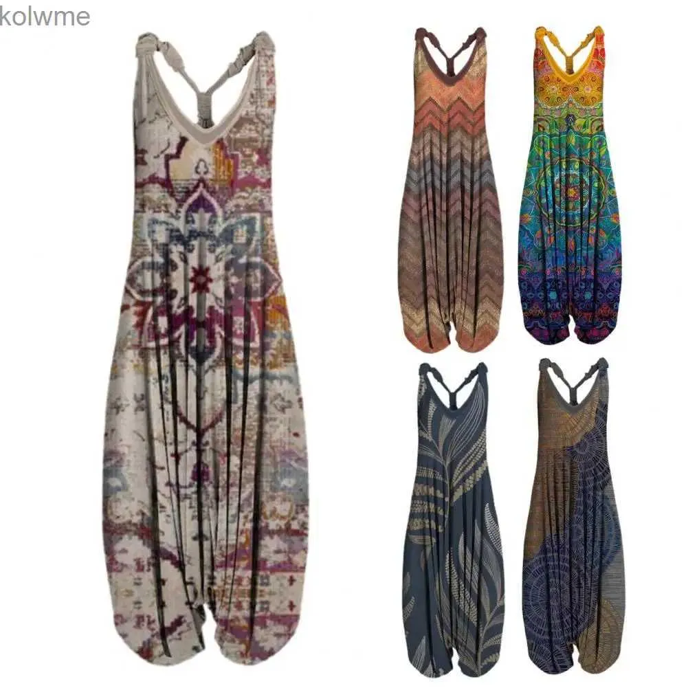 Kvinnors tvåbitar byxor vintage etnisk stil S-4XL Kvinnor Casual Floral Rompers Loose Boho Casual Jumpsuits ärmlös tryckt band Humpsuit 2022 NY YQ240214