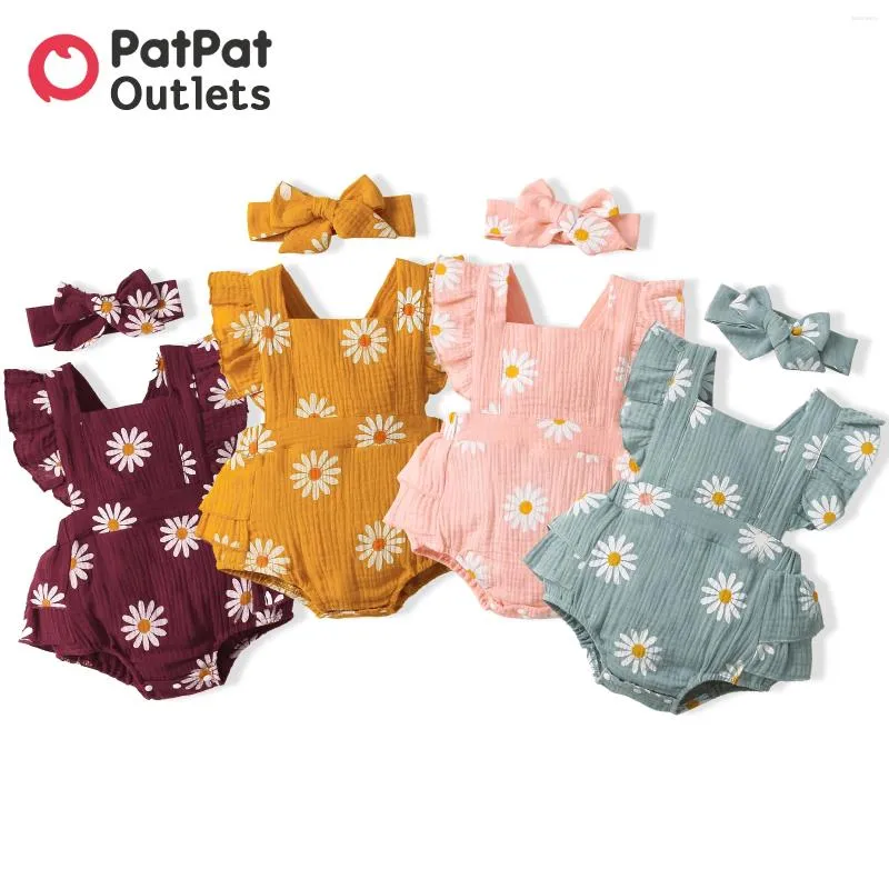 Giyim setleri patpat 2pcs pamuk yaz sevimli bebek kız giysileri bebek tulum papatya daisy baskı krep kumaş romper kafa bandı seti
