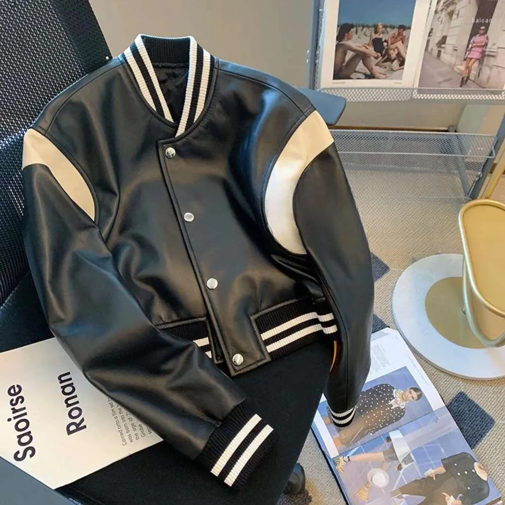 Women's Leather 2024genuine Jacket Spring Sheepskin Shoulder Drop Black and White Contrast Motorcycle Bomber Women