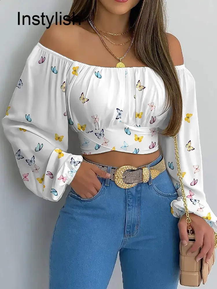 Mulheres elegante fora do ombro impressão blusa sexy rendas até arco sem costas camisa fina casual manga longa chique colheita topo streetwear túnica 240125