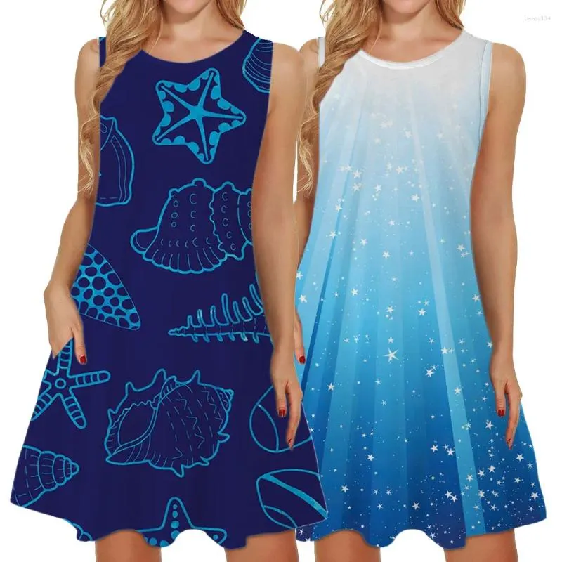 Robes décontractées Robes Femmes O Cou Bleu Dessin Animé Imprimé Sans Manches Midi À La Mode Printemps Été Élégant Fête De Plage