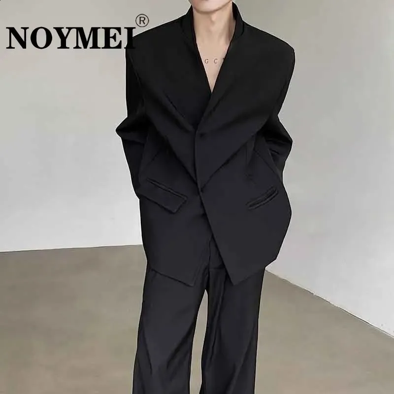 Noymei Temperament Black Suit Jack Belt Fashionable Spring Mens Allmatch Sexig Blazer Collarless Male Jacket WA3766 240201