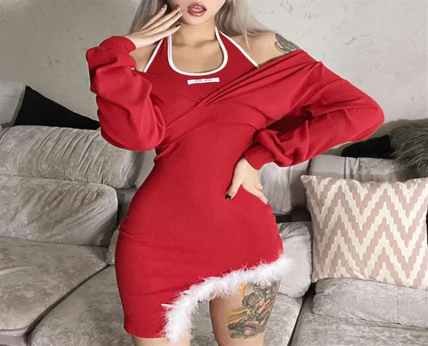 Moda kadınlar Noel yular vücut kılıfı seksi kolsuz kısa etekler uzun kollu katlar gençlik kız kokteyl partisi christma s206413944