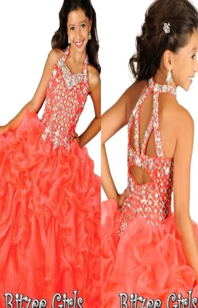 2019 Ritzee Girls Coral Spaghetti Pärled Crystal Ball Gown Laceup Back Ruched Organza Girl039S Pageant Dresses Girl039s Pro6919467