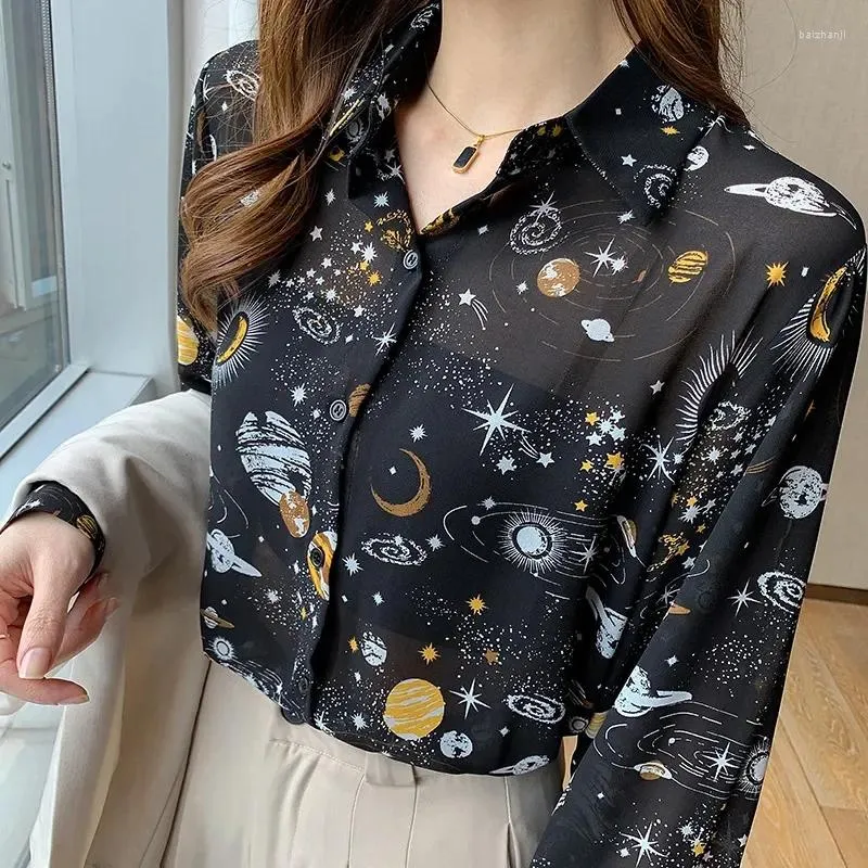 Women's Blouses Autumn 2024 Lolita Style Printed Long Sleeve Shirt Fashion Thin Satin Girl's Top Star Sky Pattern Lantern