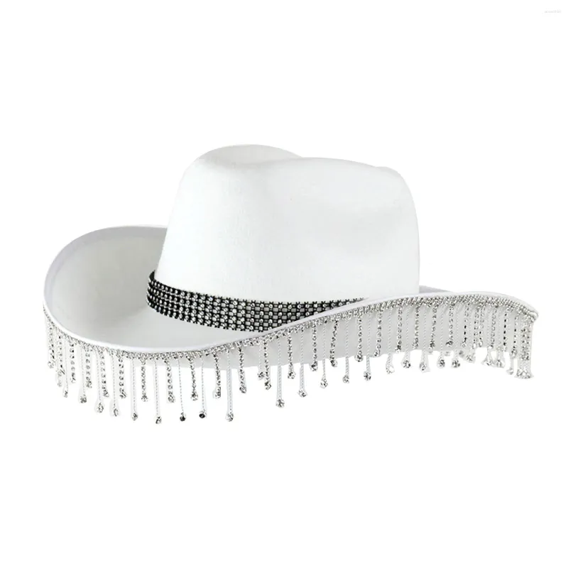 Berets Ladies Solid Color Party Rhinestone Fringe Western Cowboy Hat Wedding Top Trendy Cowgirl Sombrero Summer Suncreen Caps