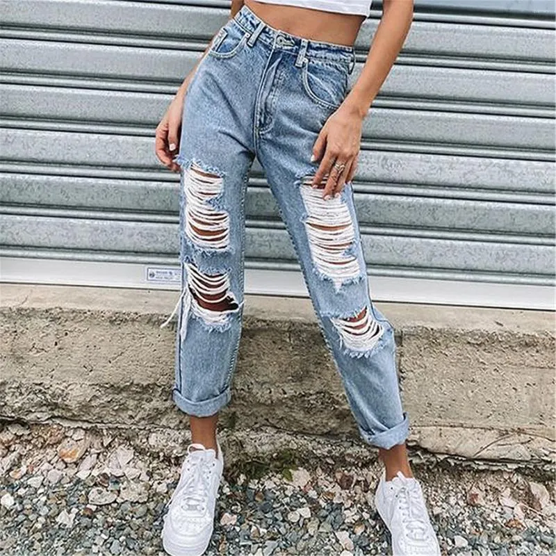 Women's Jeans Women Bottoms Pants Button High Waist Pocket Elastic Hole Trousers Slim Denim For Ladies Pantalones De Mujer