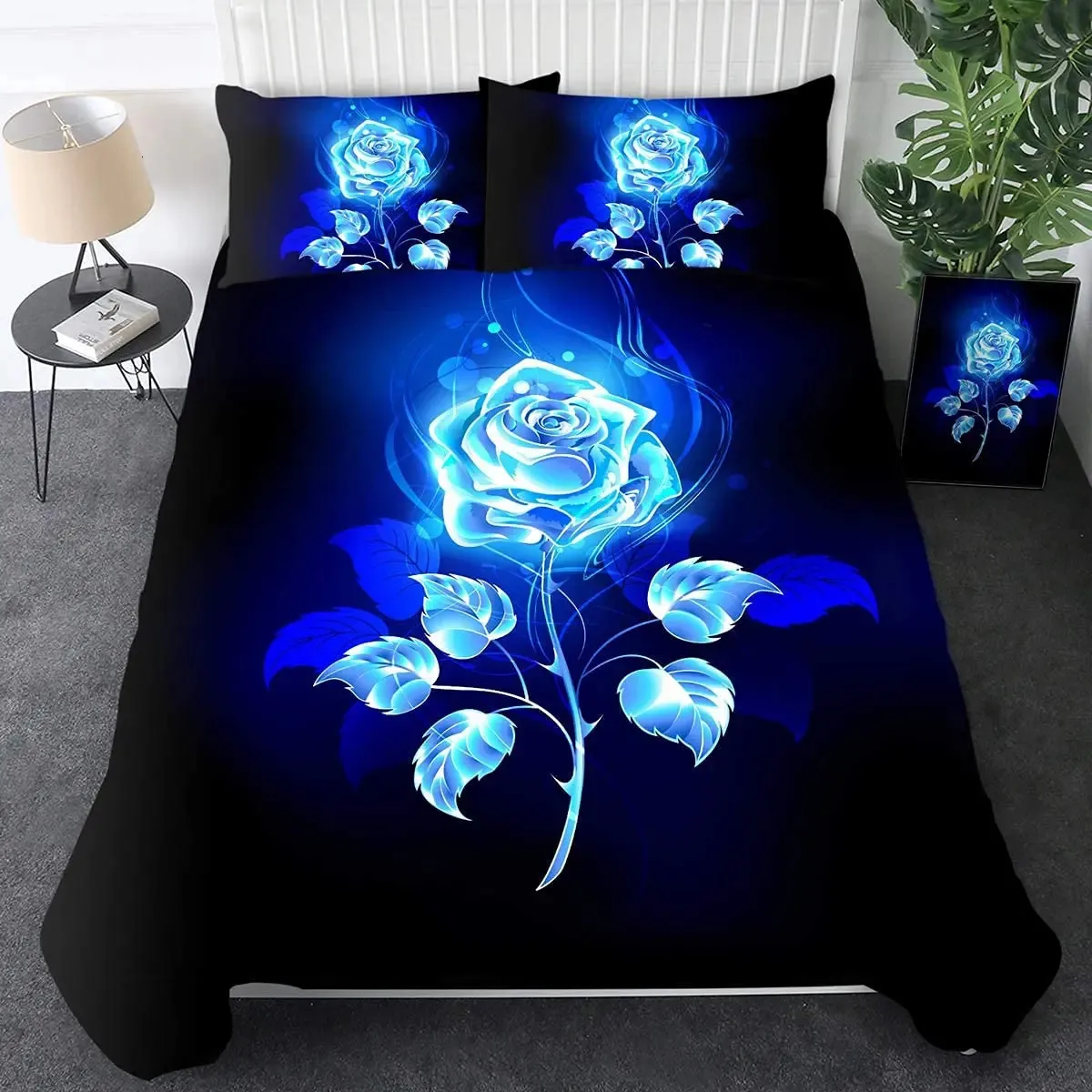 Zestaw pokrywy kołdry różowej z Blue Flame PrintValentines Day Comberter Floral Bedding Setpillowcase 240131
