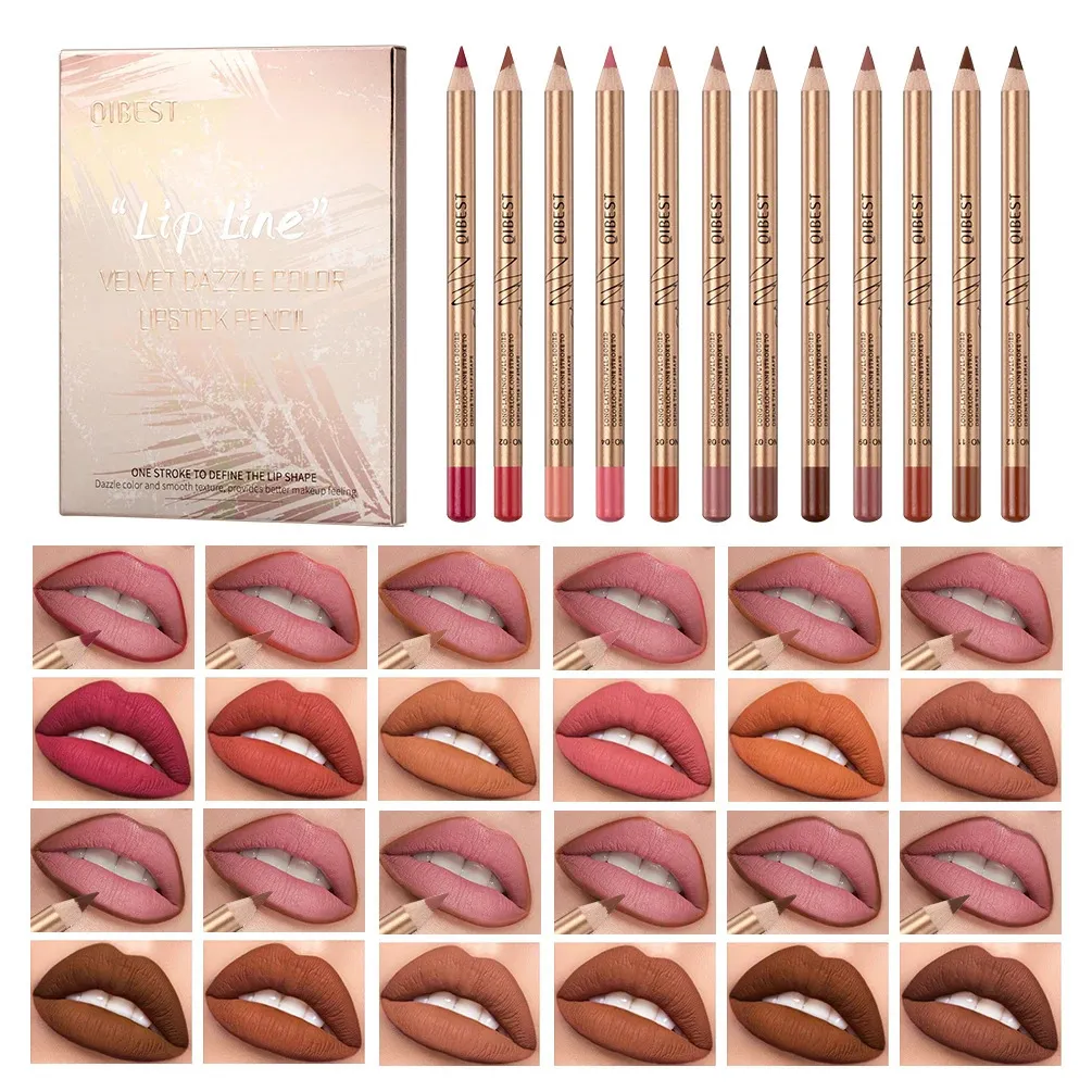 12 Pcs Lip Liner Contour Matte Lipstick Pencil Set Waterproof Velvet Nude Lipstick Pencil Sexy Red Brown Pigments Non-stick Cup240129