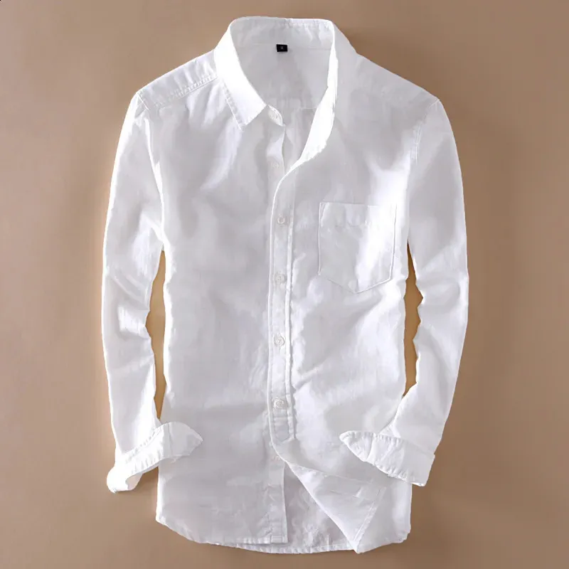 Элегантные мужские белые льняные рубашки с длинным рукавом с отложным воротником, приталенные, свободные, мягкая дышащая одежда, хлопковые льняные рубашки M-XXXL 240124