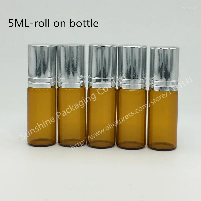 Lagringsflaskor 500 st 5 ml Roll på parfymflaskan 5 ml Amber Essential Oil Liten Brown Glass Roller Container