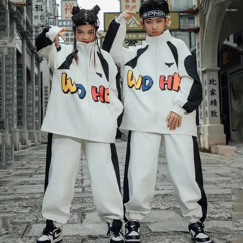 Scenkläder 2024 barn kläder vit lös hiphop kostym för flickor jazzdansdräkter pojkar hip hop performance kläder dqs14464