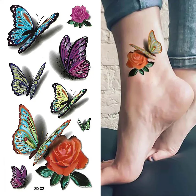 1 pcs 3D Papillon Tatouages ​​Autocollants Rose Fleur Filles Femmes Body Art Transfert D'eau Temporaire Autocollant De Tatouage Bras Poignet Faux Tatoo 240122