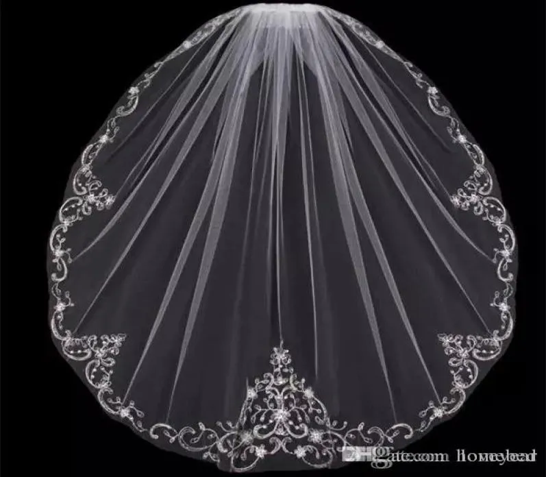 New Arrival One Layer Fingertip Wedding Veils Applique Sequins Beads Edge Cheap Tulle Bridal Veil For Bride With Comb8797574