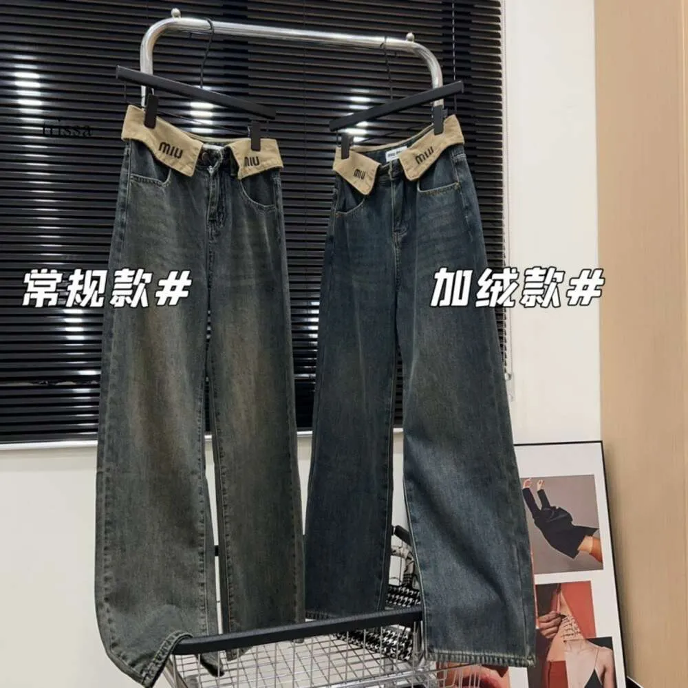 Herfst/winter nieuwe mode borduurwerk letter wash oude veelzijdige omgedraaide taille jeans met rechte pijpen