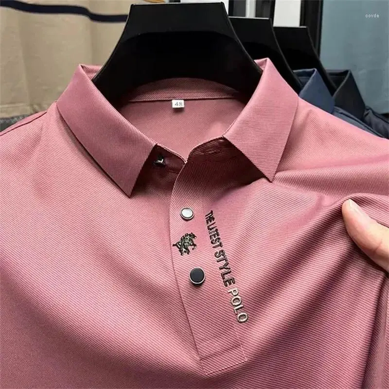 Polos męski solidny kolor koszulki polo Summer2024 Ice Silk Print krótki rękaw oddychający T-shirt Wysokiej jakości szwu mężczyzn ubrania