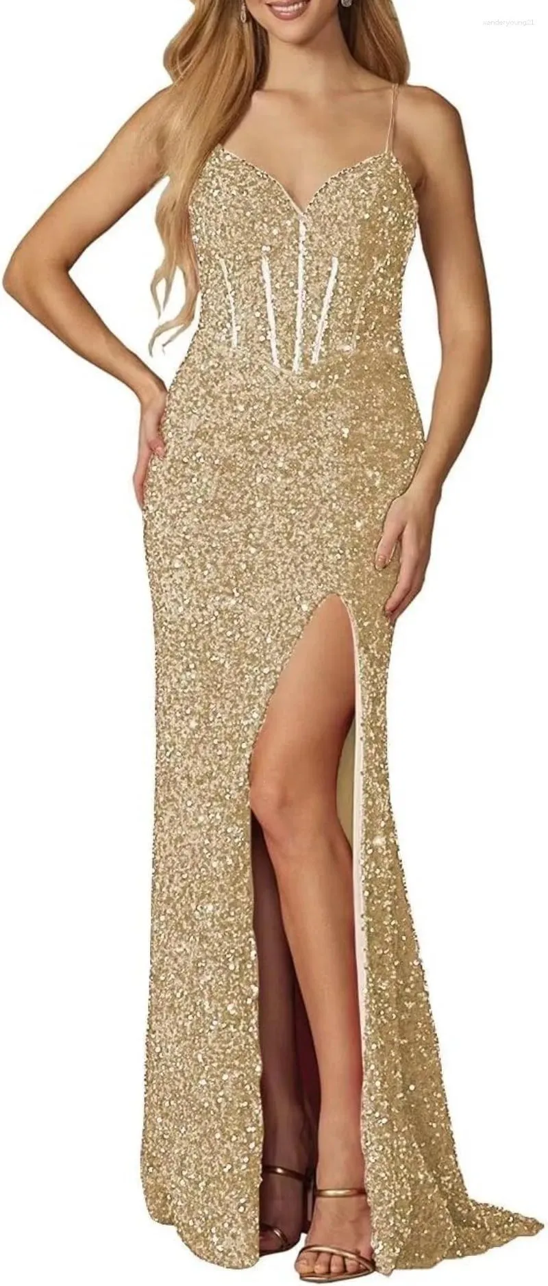 Бальные платья 2024, женское блестящее вечернее платье с v-образным вырезом на бретельках и высоким разрезом и пайетками, элегантное банкетное платье