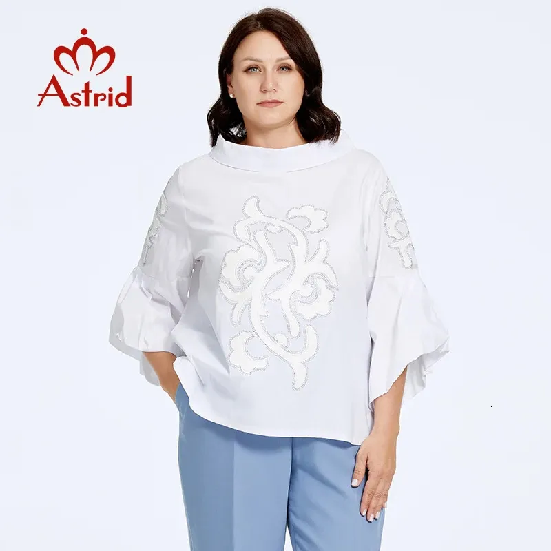 Astrid Femmes T-shirt Plus La Taille Lâche Mignon Top Femme Rencontres Tee Blouse Manches Évasées Col Montant Diamants Vêtements De Mode 240126