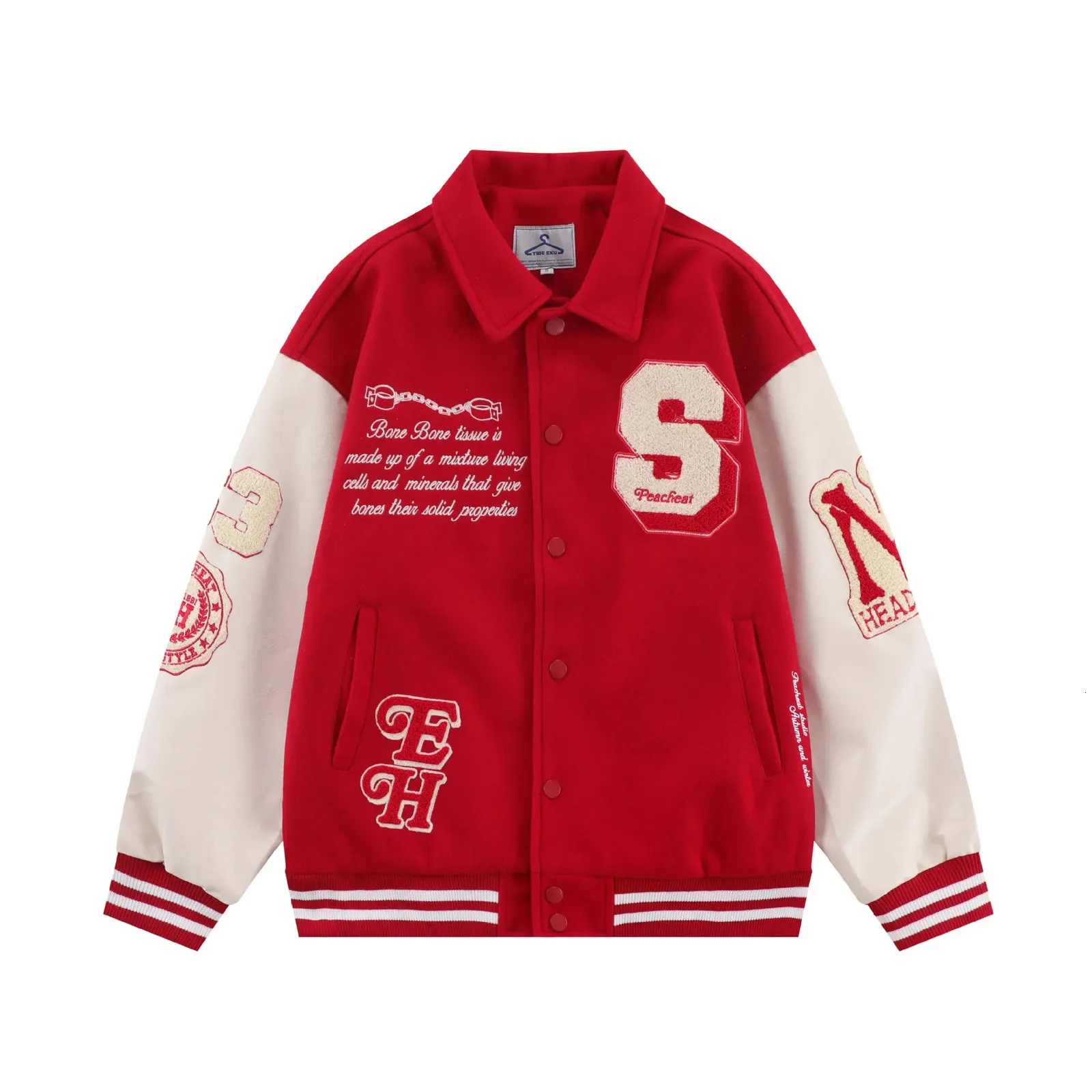 Vintage Baseball Varsity Jacket Mannen Vrouwen Stroomden Borduren Letter Bone Patchwork PU Lederen Jassen Rode Oversize Jas Herfst 240117