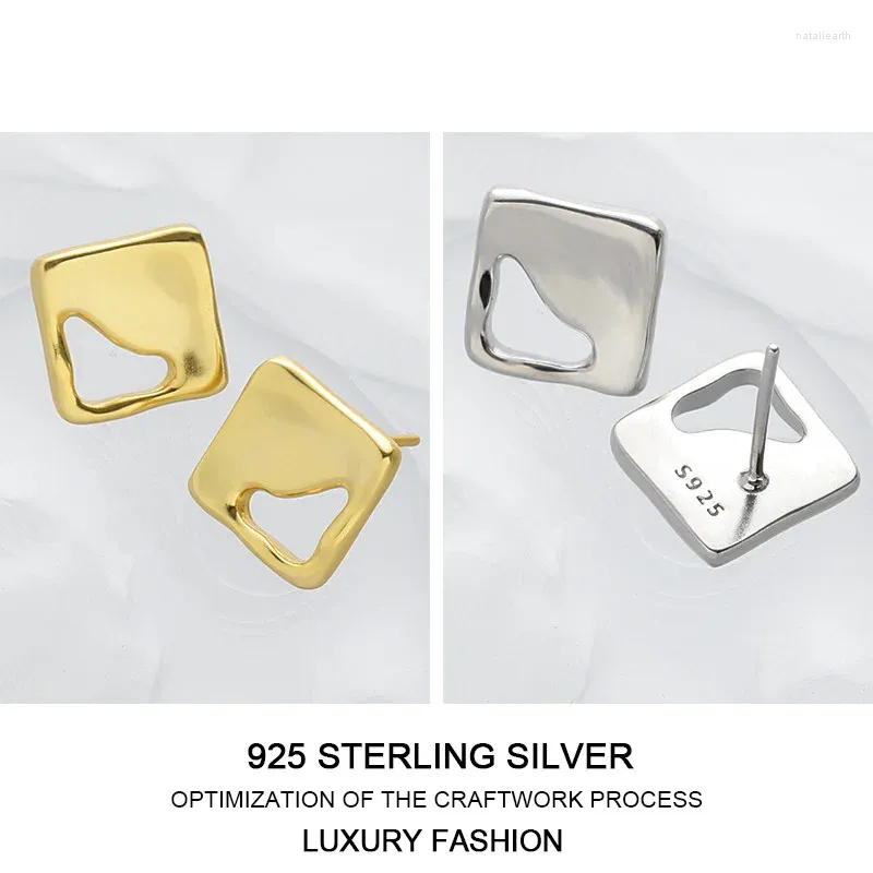 Stud Earrings 925 Sterling Silver Square Hollow Gold Earring Accessories Gifts For Women Fine Cute Trendy Joias Ouro 18k Gothic Jewelry