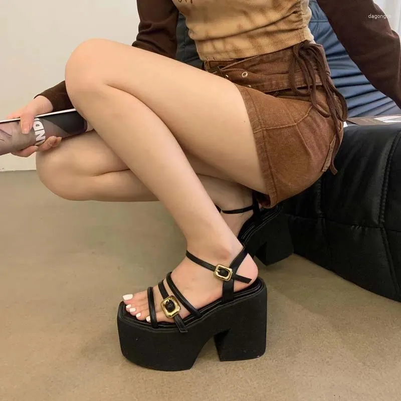 Sandals Black Gladiator Woman Belt Buckle Platform High Heels Punk Chunky Shoes Summer Wedges Heeled Sandalen Damen