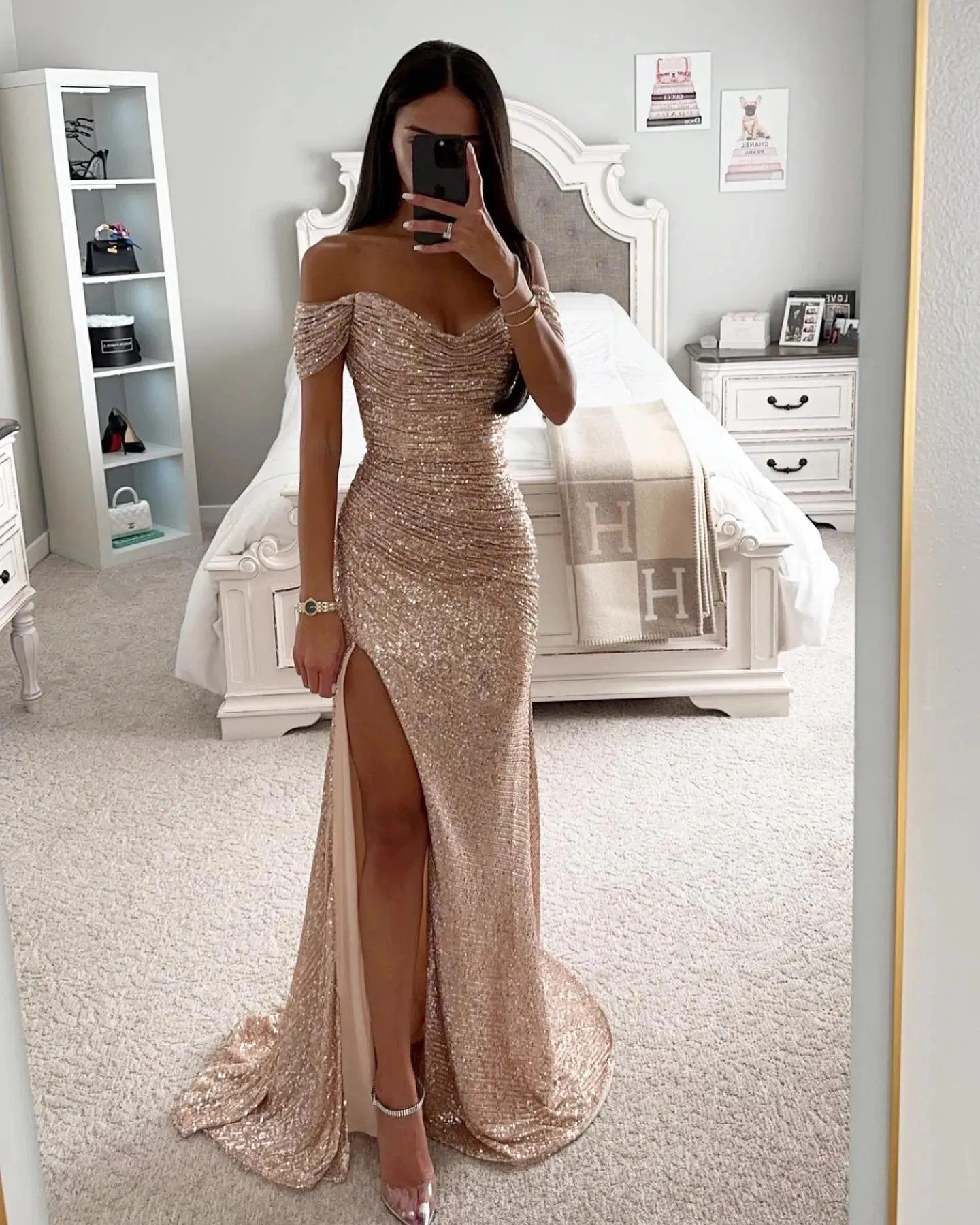 knee length dresses for ladies Off Shoulder Sequin Lace Tulle Tiered Long Sweep Train Prom Dress, Slit main image 1